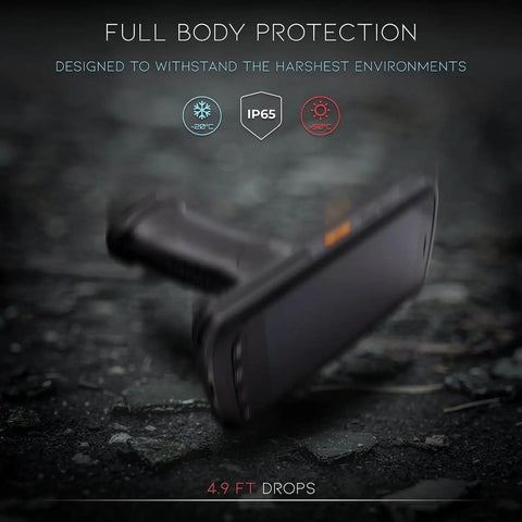 Ultra Rugged Android Barcode Scanner with Pistol Grip showcasing IP65 protection in harsh environments.