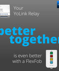 YoLink Relay Smart Switch and FlexFob shown with text 'better together', Long Range Smart Relay Switch For Home Automation LoRa Powered One Quarter Mile Reach Next Level Works With Alexa Google And IFTTT Supports Up To Five Amps Hub Required For Smart Scenes And Remote Control.
