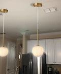 Globe Pendant Light With Matte White Glass And Brass Finish, Dope Modern Mid Century Ceiling Fixture, 8 Inch White Globe, Cord Hang