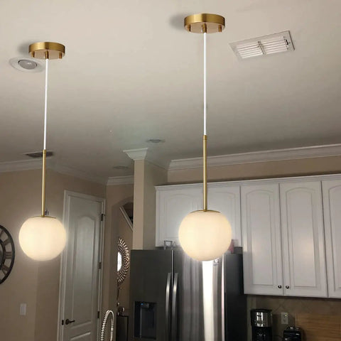 Globe Pendant Light With Matte White Glass And Brass Finish, Dope Modern Mid Century Ceiling Fixture, 8 Inch White Globe, Cord Hang