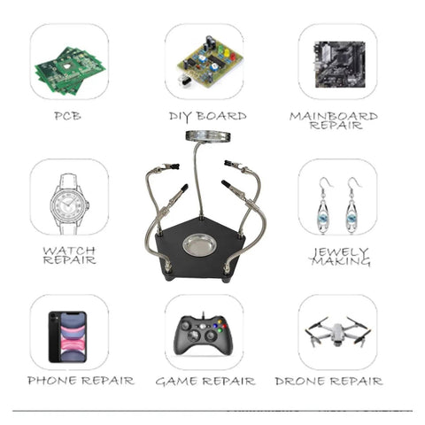 Soldering Helping Hands With 3X Magnifier And 360 Degree Rotating Alligator Clips Adjustable Third Hand Tool With Storage Tray For Electronic Repair Craft And Hobby DIY EK2175 surrounded by repair icons like PCB and jewelry.