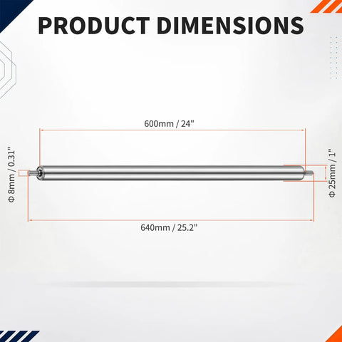 Heavy Duty Two Pack Conveyor Roller Set 24 Inch Length 1 Inch Diameter Galvanized Steel Rollers dimensions diagram
