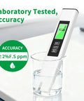 4 In 1 TDS Meter And Water Tester Pro With EC And Temperature Readout submerged in water, showing digital display, titanium probe visible.