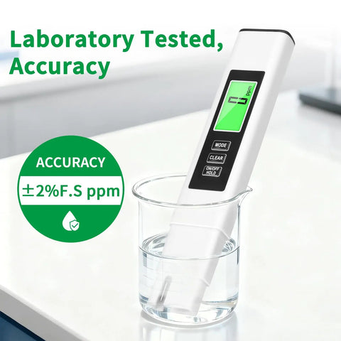 4 In 1 TDS Meter And Water Tester Pro With EC And Temperature Readout submerged in water, showing digital display, titanium probe visible.
