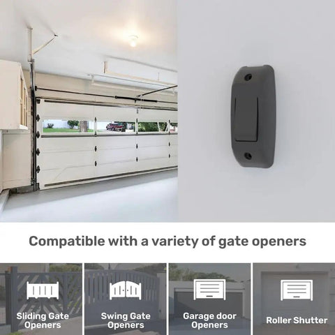 Slick Wireless Gate And Door Access Push Button Surface Mounted Momentary Release Switch on a wall in a garage setting.