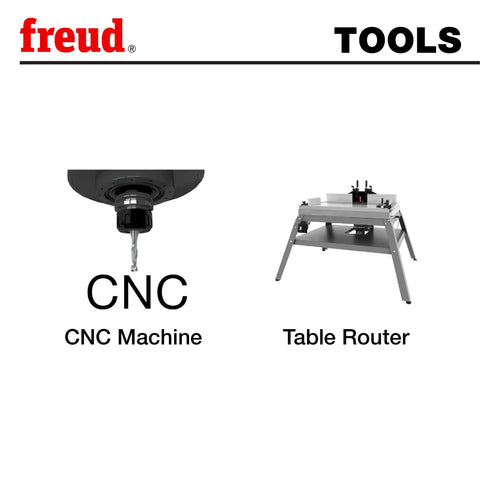 CNC machine and table router setup for two and three quarter inch lock miter bit with one half inch shank use in woodworking.