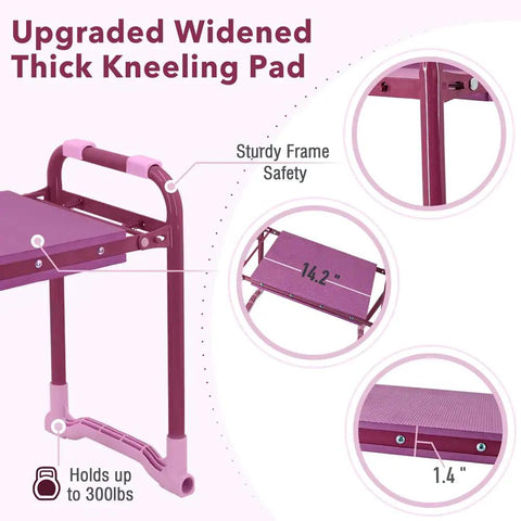 Upgraded Garden Kneeler And Seat With Rugged Steel Frame, shown with a sturdy, widened kneeling pad, 300lbs capacity label.