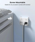 Wall-mounted flat plug power strip with USB ports and 3 widely spaced outlets, 5ft extension cord, white, beside a bed