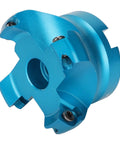 Front view of blue aluminum alloy CNC lathe face mill cutter with 4 flutes for precise metal machining.