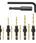 Front view of YQANDL 12-piece HSS adjustable countersunk woodworking drill bit set with magnetic extension and hex key