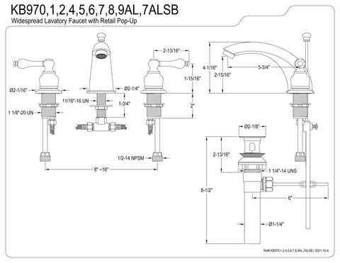 Technical diagram of Oil Rubbed Bronze Victorian Widespread Lavatory Faucet with measurements and installation details.
