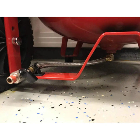 Extended Tank Drain Valve Assembly Kit for air compressors with ten inch braided steel hose and adapters shown installed