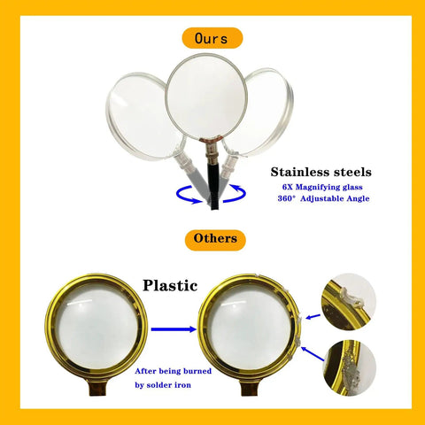 Comparison of Pro Grade Soldering Helping Hands With Magnifying Glass And Four Flexible Arms Third Hand Stand and plastic magnifiers