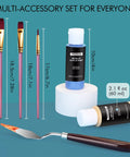 Metallic Acrylic Paint Set 12x60ml Professional Quality With 3 Free Brushes And 1 Scraper, shown with measurement details.