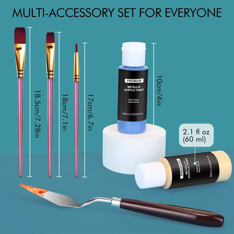 Metallic Acrylic Paint Set 12x60ml Professional Quality With 3 Free Brushes And 1 Scraper, shown with measurement details.