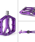 Grippy Aluminum Flat Pedals With Ultra Traction Pins And Sealed Bearings, Lightweight Platform Pedals Built For Mountain, Road, MTB And BMX Riding, 9/16 Inch Spindle, Purple A001, side and top view