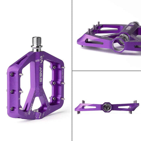 Grippy Aluminum Flat Pedals With Ultra Traction Pins And Sealed Bearings, Lightweight Platform Pedals Built For Mountain, Road, MTB And BMX Riding, 9/16 Inch Spindle, Purple A001, side and top view