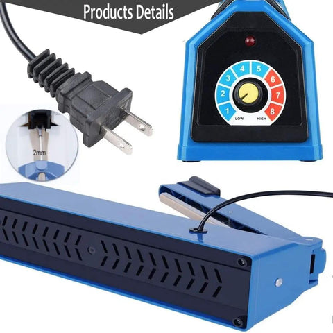 Close-up of 8 Inch Impulse Heat Sealer for Plastic Bags Manual Tabletop Sealer with adjustable temperature dial and power cord