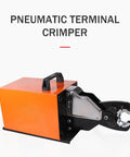 Premium Trade Grade Pneumatic Wire Crimping Tool With Blazing Fast Air Powered Cable Crimper And Responsive Foot Pedal Control For Straight Shooters Doing No Fuss Electrical Wiring Jobs And Quick Multi Jaw Termination Work. Orange pneumatic crimper with handle and metal jaws.