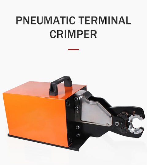 Premium Trade Grade Pneumatic Wire Crimping Tool With Blazing Fast Air Powered Cable Crimper And Responsive Foot Pedal Control For Straight Shooters Doing No Fuss Electrical Wiring Jobs And Quick Multi Jaw Termination Work. Orange pneumatic crimper with handle and metal jaws.