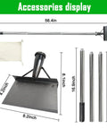 Heavy Duty Garden Cleaning Shovel With 56.5 Inch Adjustable Handle, stainless blade, and bag displayed with dimensions