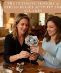Two women creating a foil flower using the Gold Tin Foil Craft Kit as a sensory activity in a cozy living room.