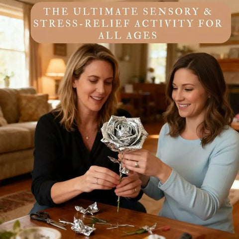 Two women creating a foil flower using the Gold Tin Foil Craft Kit as a sensory activity in a cozy living room.