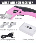 3.7V Cordless Electric Scissors Fast Cutting Fabric Cutter For Carpets Cardboard Leather With Dual Blades And Charging Cable Perfect DIY Sewing Tool Lightweight Handheld Design Easy To Use Powerhouse Pink with charger and replacement blades.