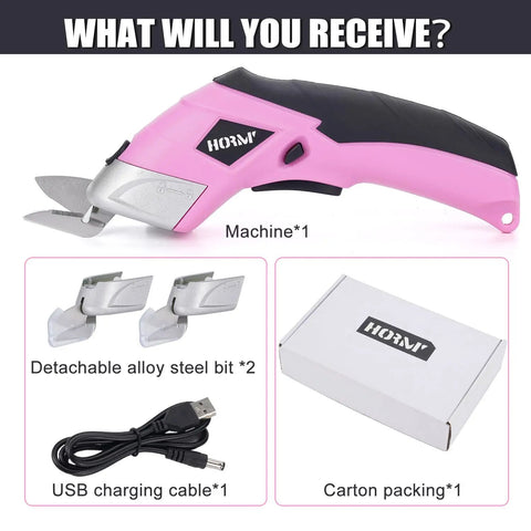 3.7V Cordless Electric Scissors Fast Cutting Fabric Cutter For Carpets Cardboard Leather With Dual Blades And Charging Cable Perfect DIY Sewing Tool Lightweight Handheld Design Easy To Use Powerhouse Pink with charger and replacement blades.