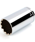 Half Inch Drive Deep 1-1/4 Inch 12-Point Socket With Chrome Plated Exterior, angled view showing smooth chrome finish