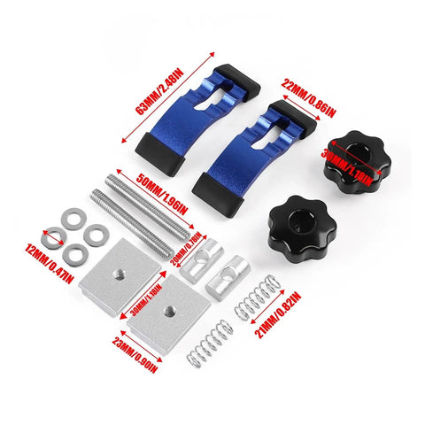 Adjustable Mini Hold Down Clamps 0-40mm, 2 Pack Blue Aluminum T-Track Clamping Kit components and measurements