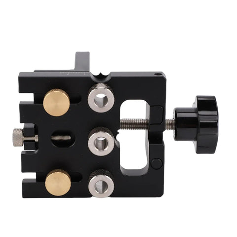 Heavy Duty Aluminum Woodworking Doweling Jig Kit Adjustable Drilling Guide Fixture with steel bushings and knobs.
