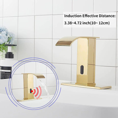 Automatic Sensor Touchless Bathroom Sink Faucet in polished gold with drain assembly and red sensor signal on white vanity