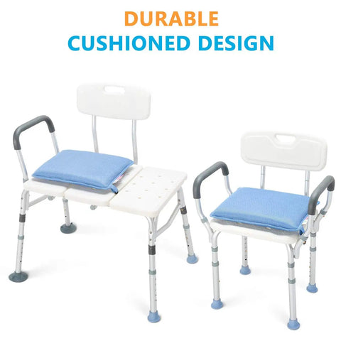 Shower Chair Cushion For Elderly And Disabled, Premium Breathable Mesh Foam Pad on shower and transfer benches, blue cushion.