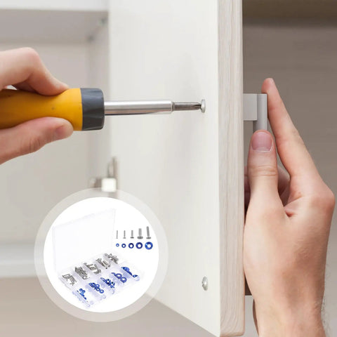 Alloy Countersunk Washer Kit With Handy Storage Box in use for cabinet door installation, showing colorful washers and gaskets.