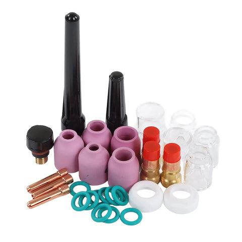 Top Tier TIG Welding Torch Consumables Kit With Gas Lens Ceramic Nozzles Copper Electrode Clips And Heat Resistant Parts For Long Lifespan Professional Jobs includes ceramic nozzles and copper electrode clips.