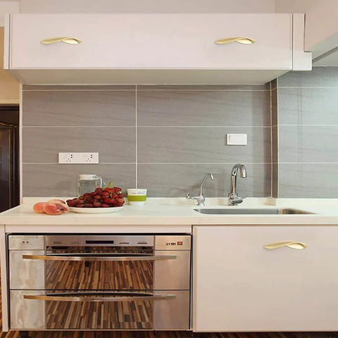 Installed Pearl Gold Arcuate Cabinet Pulls 5 Inch Curved Handles For Drawers And Cabinets, Solid Zinc Alloy, 4 Pack With 3 Screw Lengths