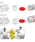 Dead Nuts Accurate Flexible Jaw Shaft Coupler For Servo Motors, aluminum body, showing dimensions and flexible parts for robotics.