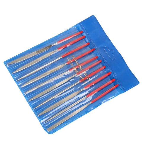 Ten Piece Mini Diamond File Set in blue packaging for jewelry making wood stone glass work 140mm total length grit 150.