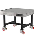 Rock Solid Mobile Welding Fixture Table Featuring Precision Laser Grid Holes 48 By 48 By 36 Inches with sturdy steel frame and lockable wheels.