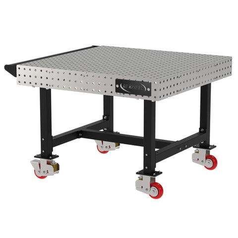 Rock Solid Mobile Welding Fixture Table Featuring Precision Laser Grid Holes 48 By 48 By 36 Inches with sturdy steel frame and lockable wheels.