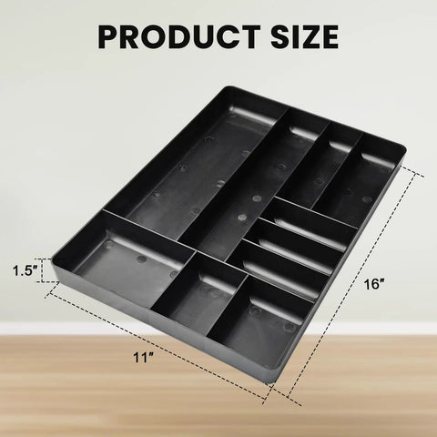 10 Compartment Tool Organizer Tray for Drawer and Tool Box, Black, 16"x11"x1.5", ABS plastic, top view showing compartments.