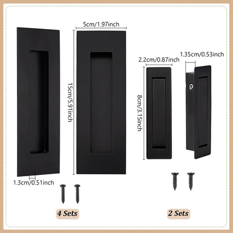 Two-Pack Sliding Pocket Door Handles In Black, Heavy Duty 304 Stainless Steel Recessed Flush Finger Pulls with dimensions