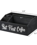 Rustic Coffee Bar Organizer With Storage Bin And K Cup Holder, Double Sided But First Coffee And Coffee Bar Sign, with dimensions
