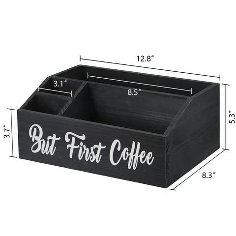 Rustic Coffee Bar Organizer With Storage Bin And K Cup Holder, Double Sided But First Coffee And Coffee Bar Sign, with dimensions