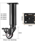 Four Pack Adjustable Heavy Duty Table Legs Built From Premium Steel With Tough As Nails Durability For Sofa Couch Coffee Tables Supporting Massive Loads While Gliding Effortlessly On Swivel Casters, shown with height measurements and locking brake caster.