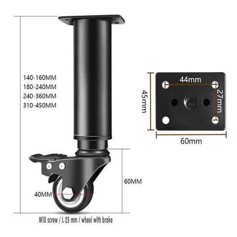 Four Pack Adjustable Heavy Duty Table Legs Built From Premium Steel With Tough As Nails Durability For Sofa Couch Coffee Tables Supporting Massive Loads While Gliding Effortlessly On Swivel Casters, shown with height measurements and locking brake caster.