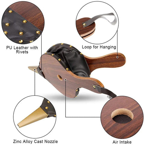 Large Wood Fire Bellows With Hanging Strap Cast Nozzle For Outdoor Camping And BBQ Grill Chimney Hand Pump Fireplace Tool Accessories Premium Leather Heat Resistant Durable Solid Wood Construction, featuring PU leather with rivets and zinc alloy nozzle.