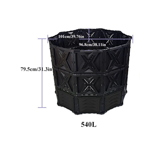 540L Outdoor Tumbler Compost Bin For Garden And Yard, Extra Large BPA Free All Season Composting Box with measurements visible
