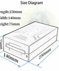 Size diagram of Slam Dunk 48V DIY Battery Case Kit With 30A BMS Guard showing dimensions: 250mm x 140mm x 75mm.